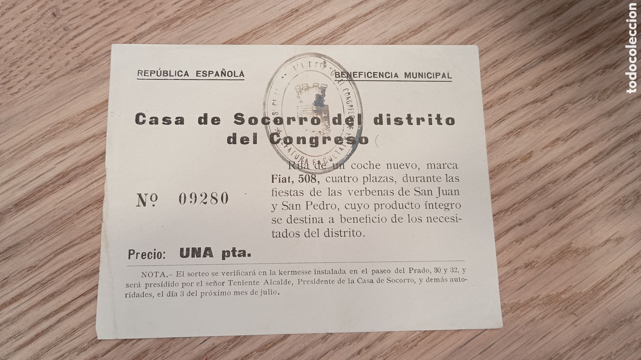 Otros art&iacute;culos de coleccionismo en papel: REP&Uacute;BLICA ESPA&Ntilde;OLA - BENEFICENCIA MUNICIPAL - CASA DE SOCORRO DEL DISTRITO DEL CONGRESO - RIFA