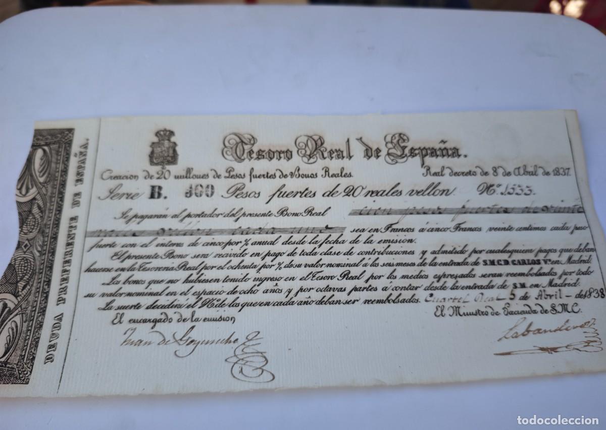 Otros art&iacute;culos de coleccionismo en papel: Bono Carlista 1837 - Deuda Preferente de Espa&ntilde;a - Tesoro Real Carlos V - Serie B 100 Pesos Fuertes -
