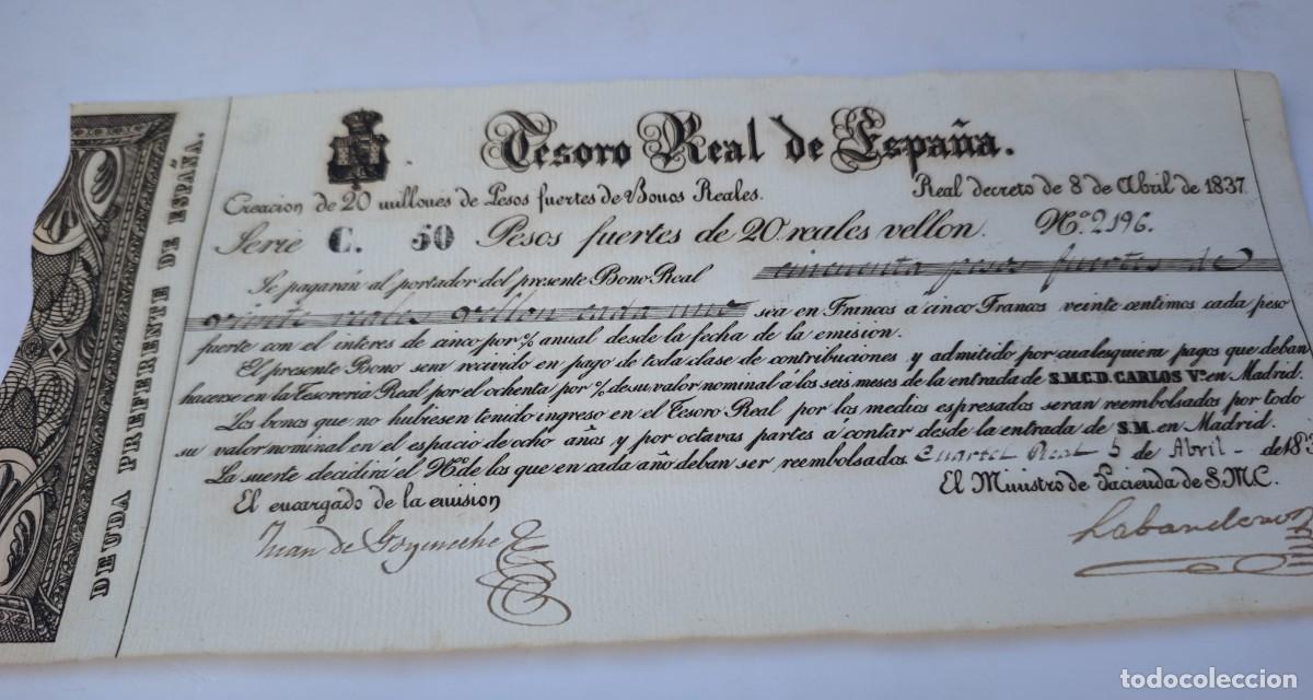 Otros art&iacute;culos de coleccionismo en papel: Bono Carlista 1837 - Deuda Preferente de Espa&ntilde;a - Tesoro Real Carlos V - Serie c 50 Pesos Fuertes -
