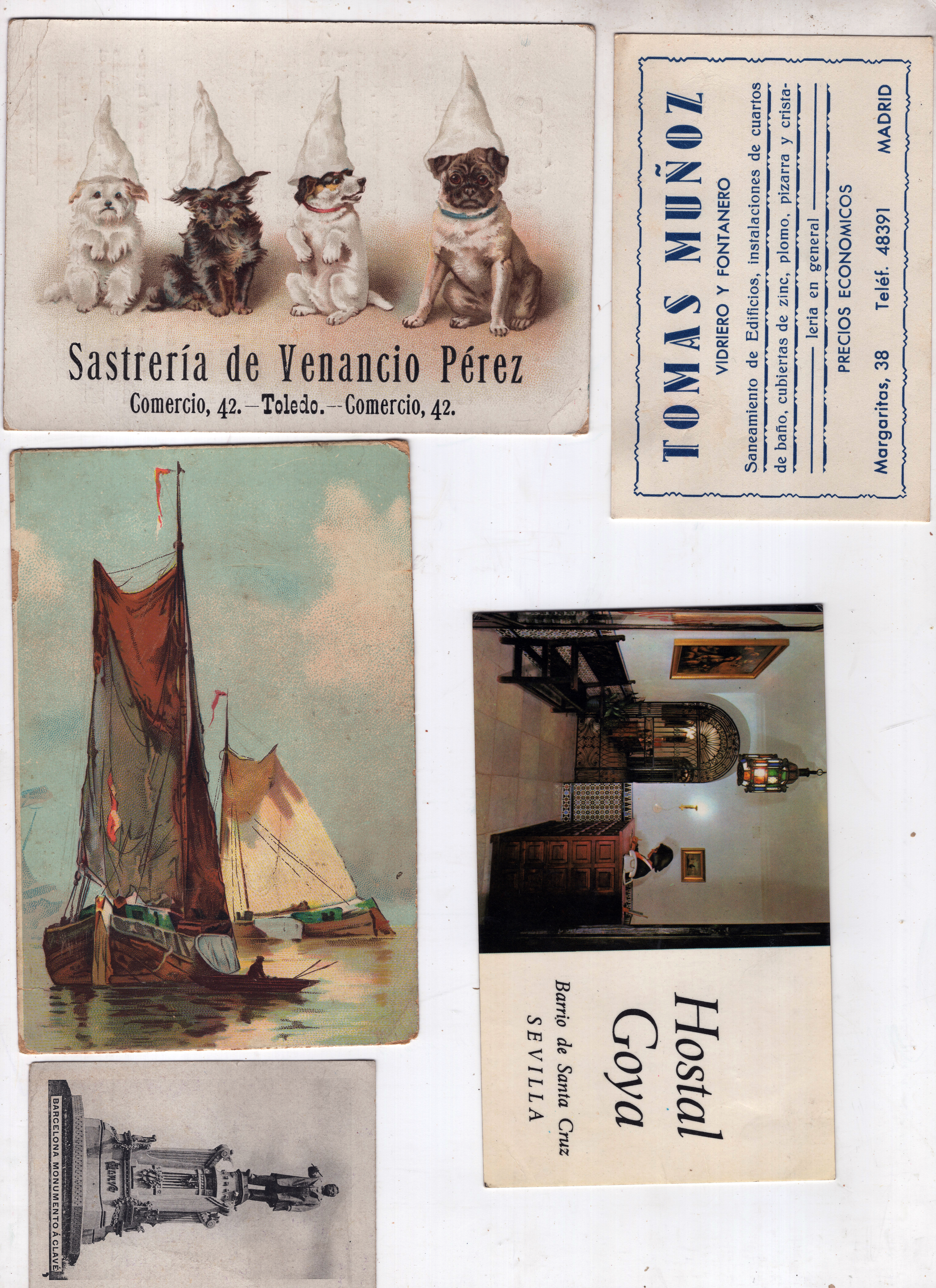 Otros art&iacute;culos de coleccionismo en papel: Sastrer&iacute;a Ven. P&eacute;rez / Camiser&iacute;a J. Laplana / Fontanero T. Mu&ntilde;oz / Hostal Goya / Sastrer&iacute;a M. Revuel