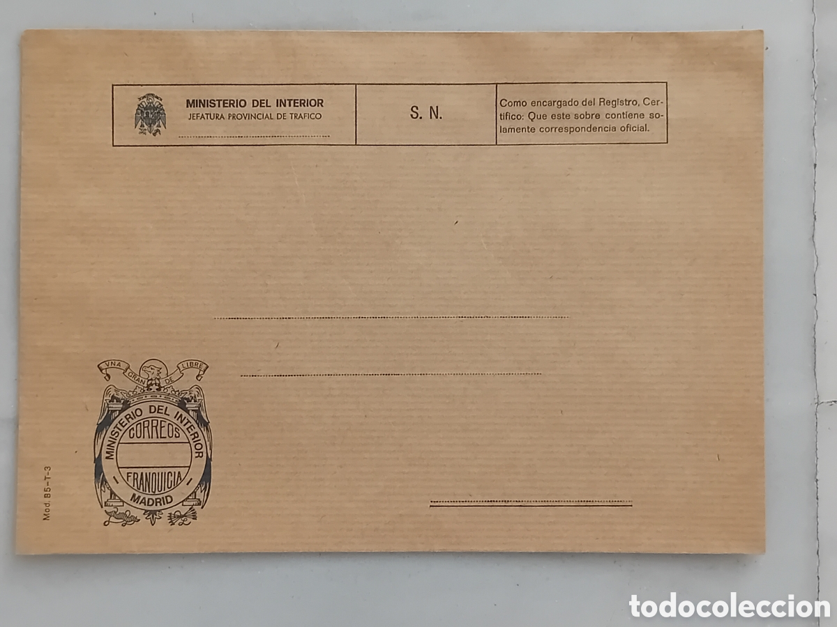 Otros art&iacute;culos de coleccionismo en papel: SOBRE VINTAGE CORREOSJEFATURA PROVINCIAL DE TRAFICO MINISTERIO DEL INTERIOR CON ESCUDO AGUILA FRANCO