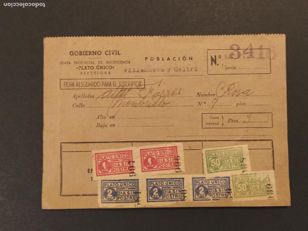 Otros art&iacute;culos de coleccionismo en papel: BARCELONA - GOBIERNO CIVIL - VILANOVA I LA GELTRU - BENEFICIENCIA PLATO UNICO - A&Ntilde;O 1940 -(K-16.038)