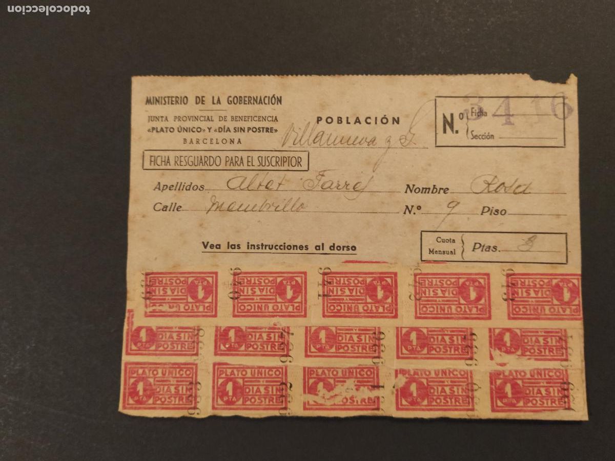 Otros art&iacute;culos de coleccionismo en papel: BARCELONA - GOBIERNO CIVIL - VILANOVA I LA GELTRU - BENEFICIENCIA PLATO UNICO - A&Ntilde;O 1940 -(K-16.039)