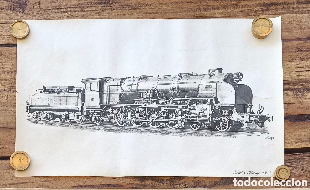 Otros art&iacute;culos de coleccionismo en papel: Antigua ilustraci&oacute;n locomotora de vapor RENFE Norte 4648 Babcock & Wilcox il. Mozo 1941 38x23 cm