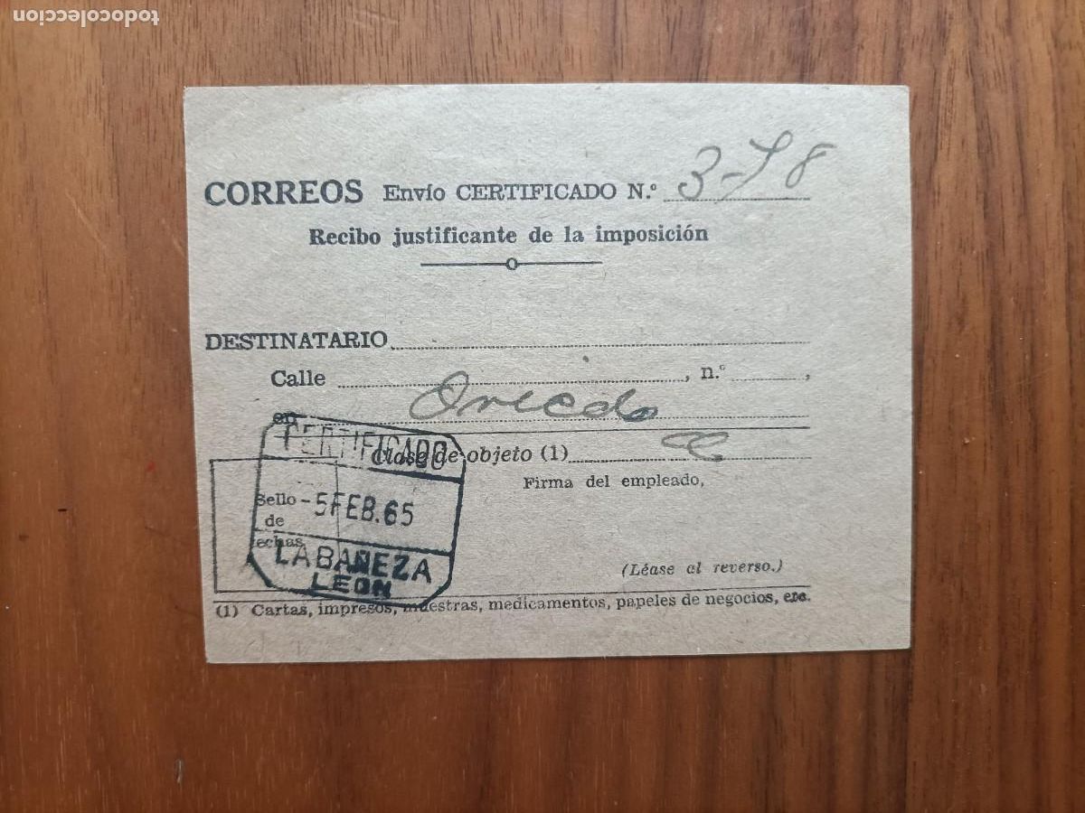 Otros art&iacute;culos de coleccionismo en papel: ANT&Iacute;GUO RECIBO CERTIFICADO, N&ordm; 378, 5 FEBRERO 1965 LA BA&Ntilde;EZA LE&Oacute;N.VER DORSO.