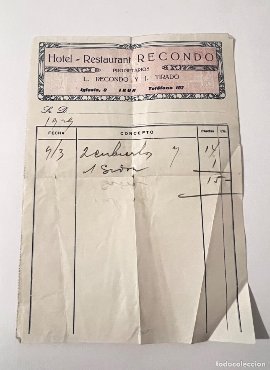 Otros art&iacute;culos de coleccionismo en papel: Factura albar&aacute;n HOTEL RESTAURANT RECONDO IR&Uacute;N