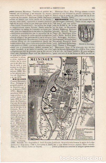 Altri oggetti di carta: LAMINA ESPASA V52472: Plano y escudo de Meinigen, Alemania