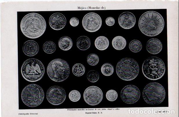 Altri oggetti di carta: LAMINA ESPASA V52487: Monedas de Mejico