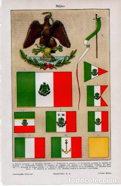 Altri oggetti di carta: LAMINA ESPASA V52489: Escudos y banderas de Mejico