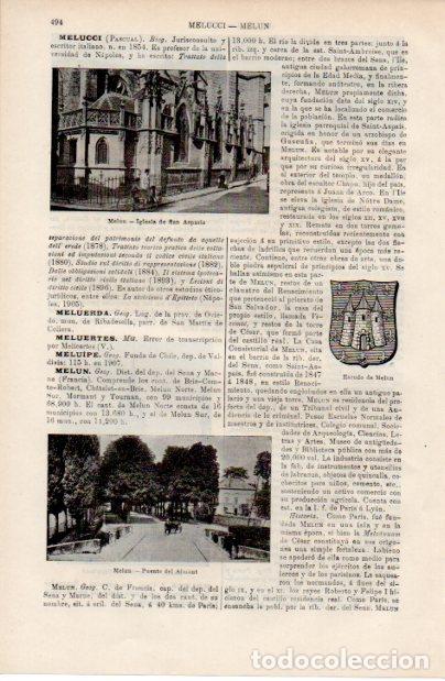 Altri oggetti di carta: LAMINA ESPASA V52529: Iglesia de San Aspasio y escudo de Melun, Francia