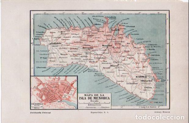 Altri oggetti di carta: LAMINA ESPASA V52554: Mapa de Menorca, Islas Baleares