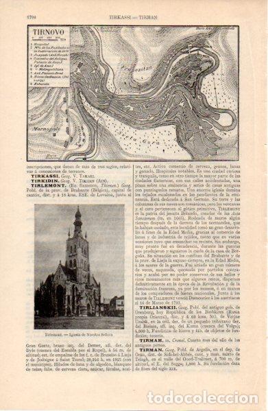 Altri oggetti di carta: LAMINA ESPASA V52824: Iglesia en Tirlemont Belgica y mapa de Tirnovo