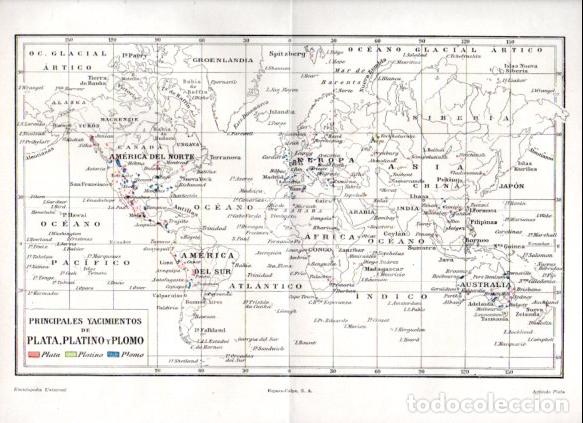 Collectionnisme Papier divers: LAMINA ESPASA V52847: Mapa del mundo principales yacimientos de plata, platino y plomo