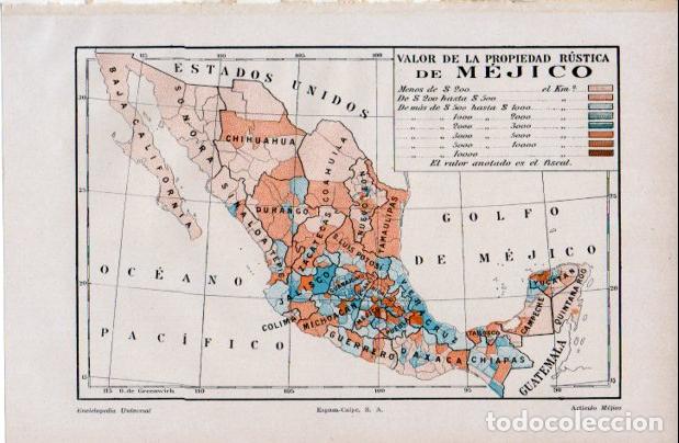 Collectionnisme Papier divers: LAMINA ESPASA V52486: Mapa valor de la propiedad rustica de Mejico