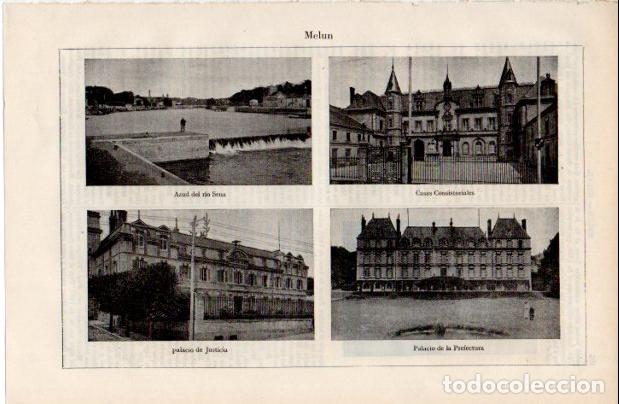 Altri oggetti di carta: LAMINA ESPASA V52530: Casas Consistoriales, Palacio de Justicia y Prefectura de Melun, Francia