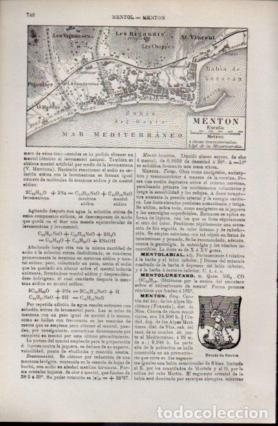 Altri oggetti di carta: LAMINA ESPASA V52556: Plano y escudo de Menton, Francia