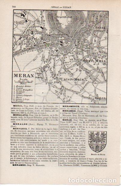 Altri oggetti di carta: LAMINA ESPASA V52561: Plano y escudo de Meran, Austria