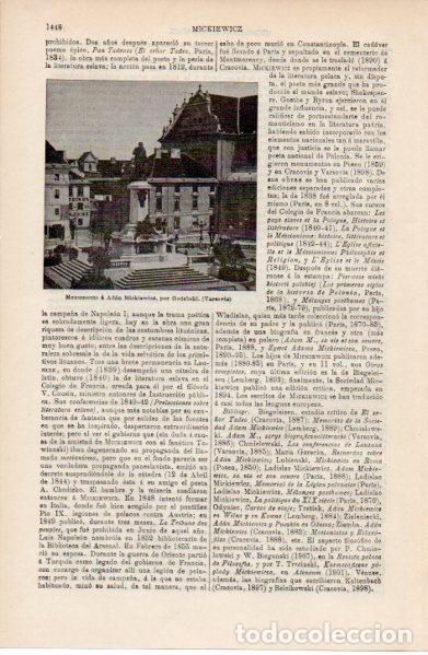 Otros art&iacute;culos de coleccionismo en papel: LAMINA ESPASA V52661: Monumento a A. Michiewicz por Godebski, Varsovia