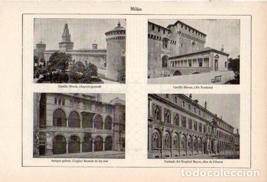 Otros art&iacute;culos de coleccionismo en papel: LAMINA ESPASA V54893: Castillo Sforcia, Galeria de los Ossi y Hospital Mayor, Milan - Varios