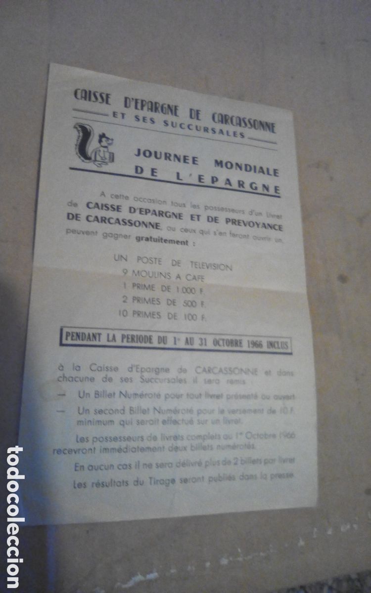Otros art&iacute;culos de coleccionismo en papel: Folleto Caisse d'Epargne de Carcassonne et ses succursales. Jornnee mondiale de l'Epargne. 1966.