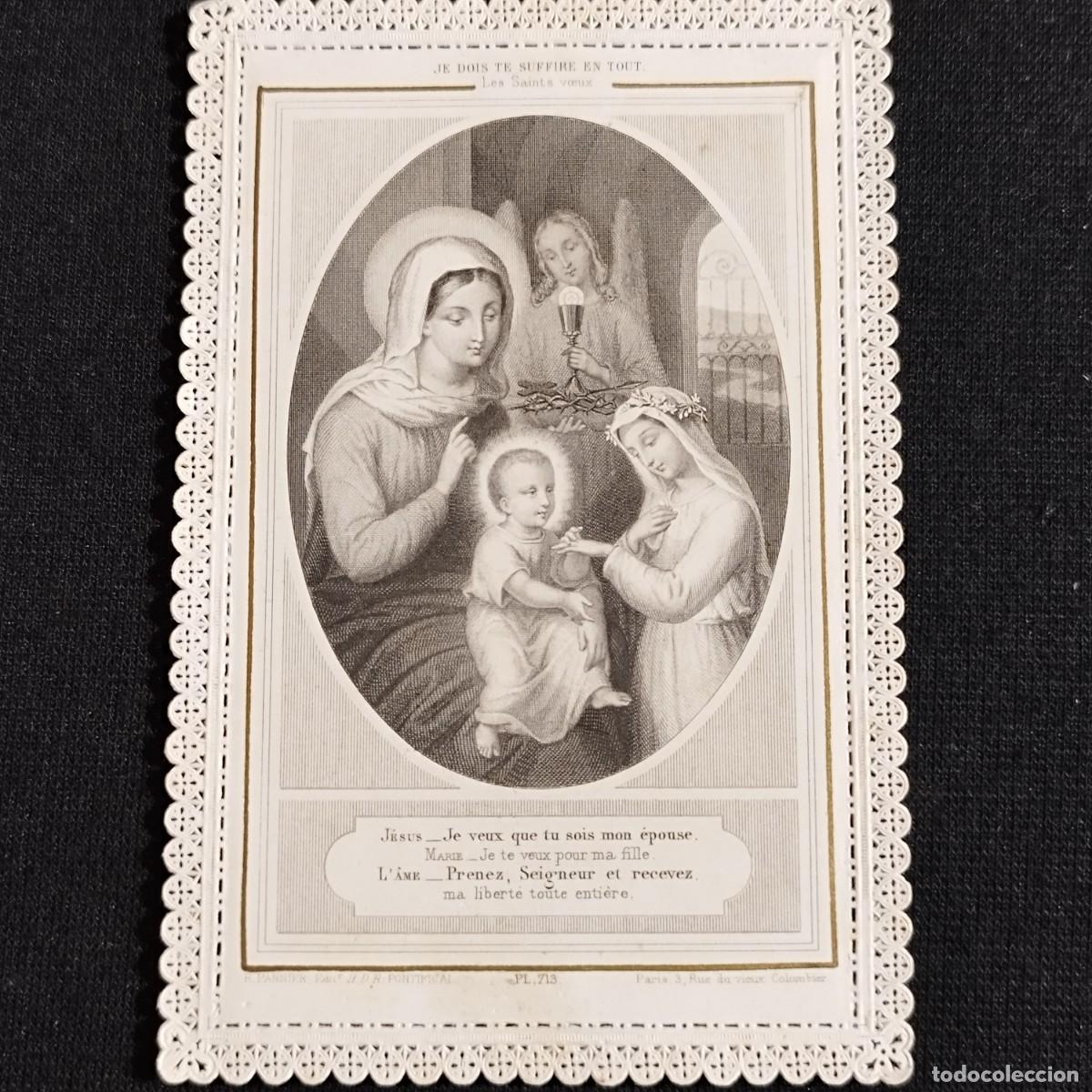 Otros art&iacute;culos de coleccionismo en papel: ESTAMPA VIRGEN MARIA NI&Ntilde;O JESUS CON ANGEL Y JOVEN ALMA PUNTILLA CALADA JE DOIS TE SUFFIRE EN TOUT -