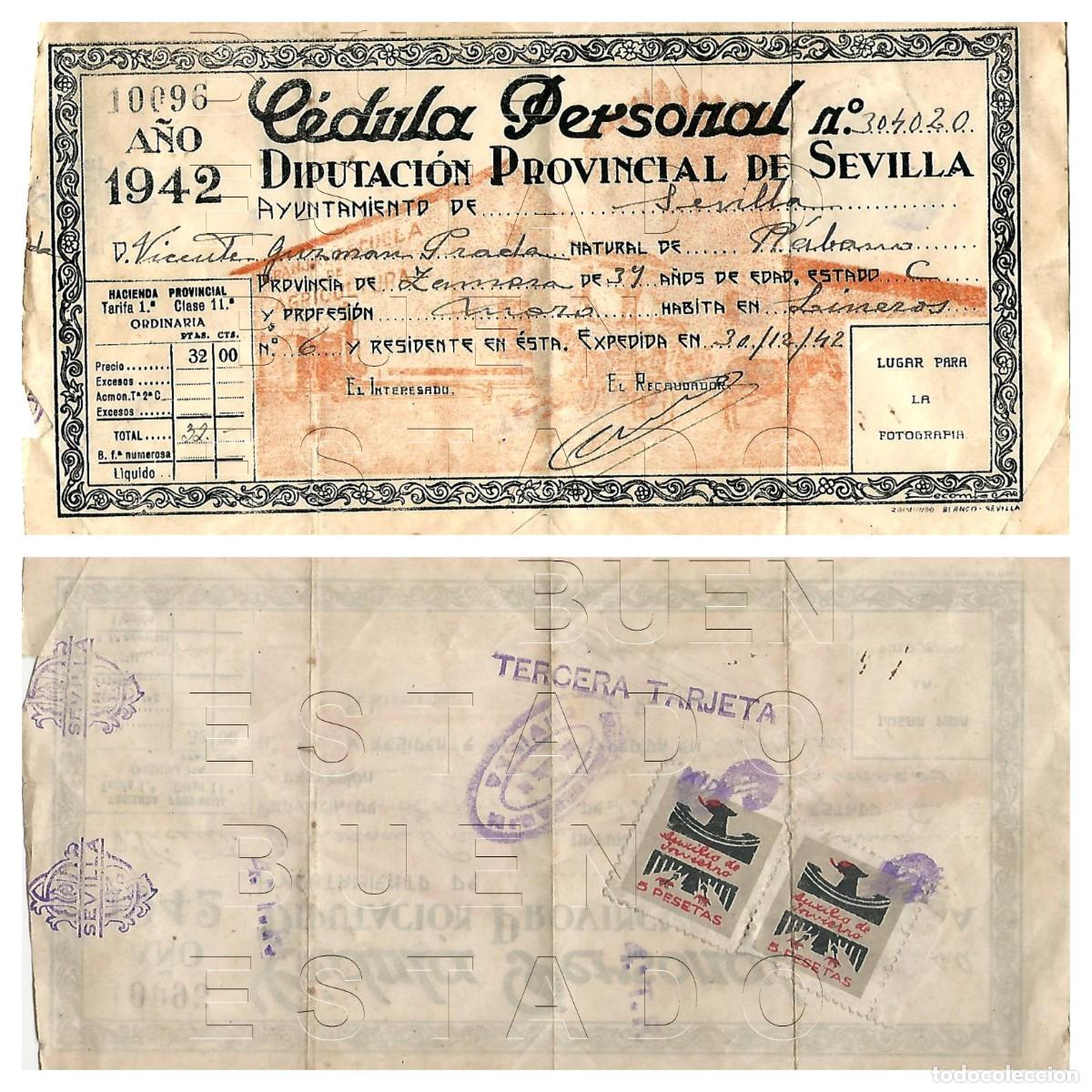 Otros art&iacute;culos de coleccionismo en papel: RABANO DE ALISTE ZAMORA SEVILLA CEDULA PERSONAL VI&Ntilde;ETAS AUXILIO DE INVIERNO 1942 M28