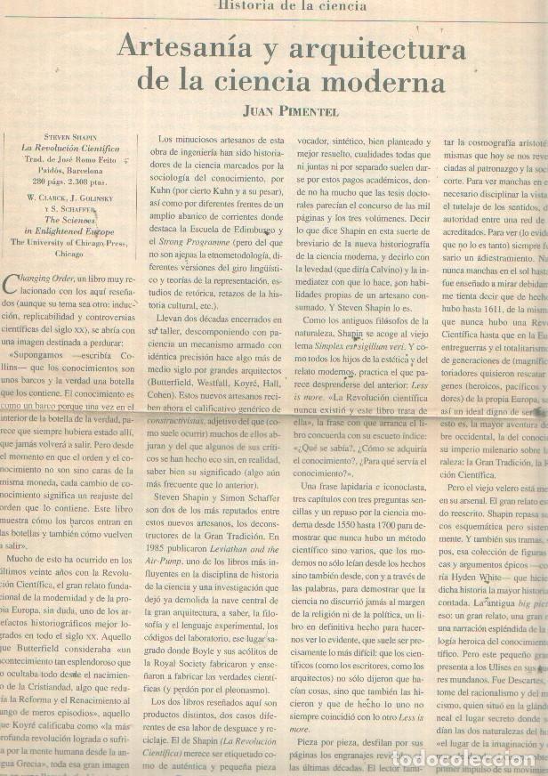 Otros art&iacute;culos de coleccionismo en papel: Articulo Artesania y arquitectura de la ciencia moderna por Juan Pimentel - Varios