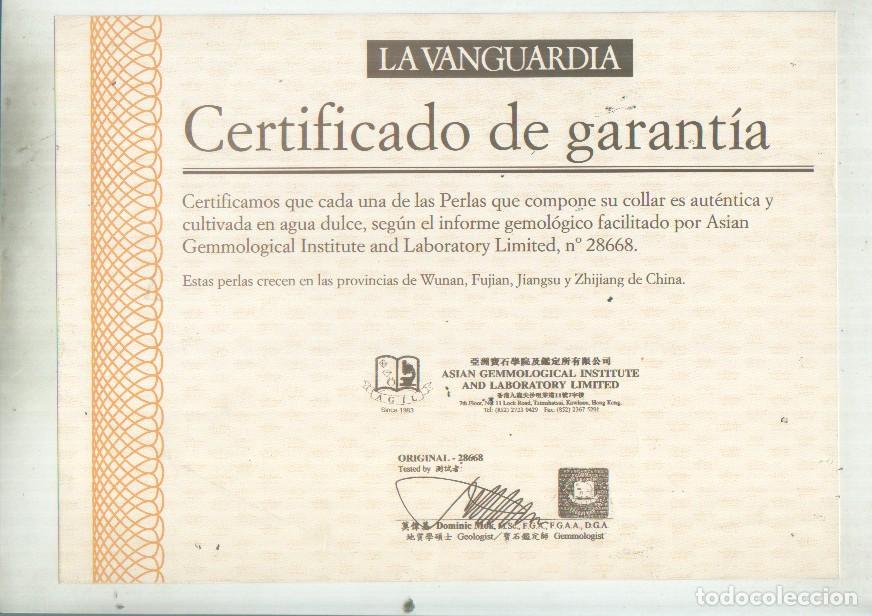 Otros art&iacute;culos de coleccionismo en papel: Certificado de garantia sobre coleccio, collar de perlas expedido por La Vanguardia -