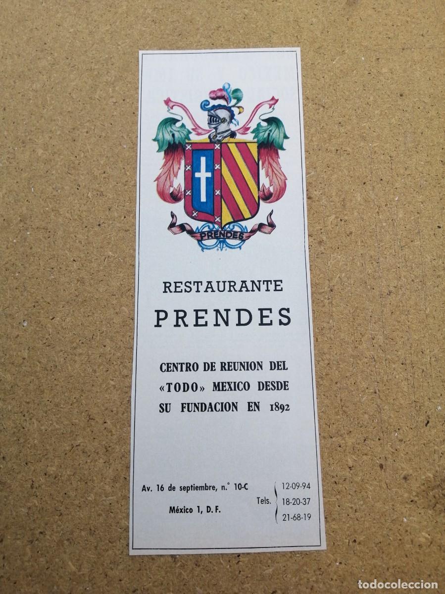 Otros art&iacute;culos de coleccionismo en papel: ANUNCIO. RESTAURANTE PRENDES (MEXICO)