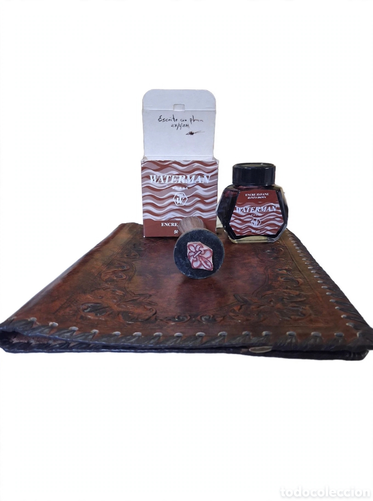 Altri oggetti di carta: Lote carpeta piel 17x23 + sello flor lis + Waterman