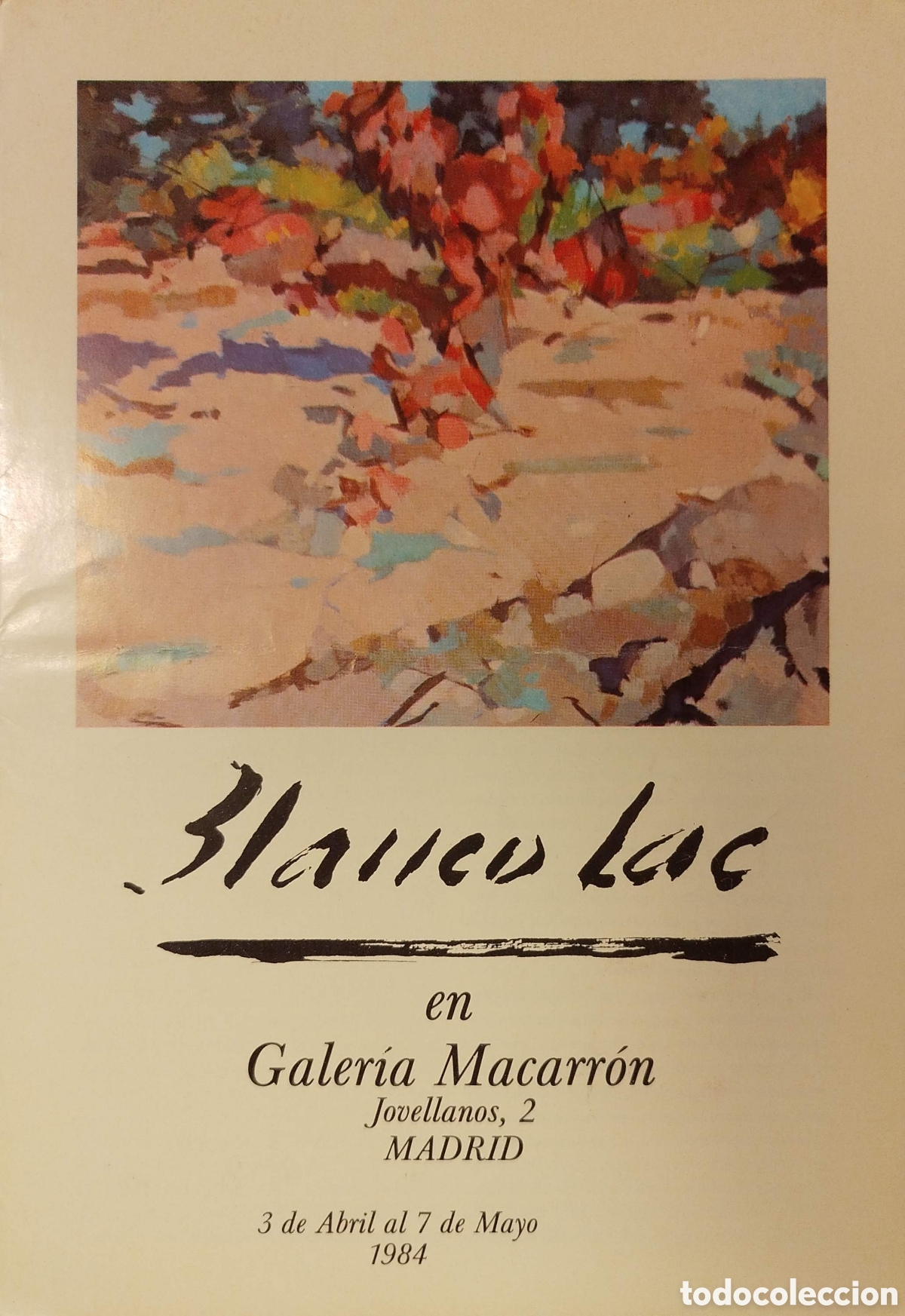 Otros art&iacute;culos de coleccionismo en papel: Tr&iacute;ptico de exposici&oacute;n de Blanco Lac en la Galer&iacute;a Macarr&oacute;n. Texto de Juan Ignacio Macua. 1984.