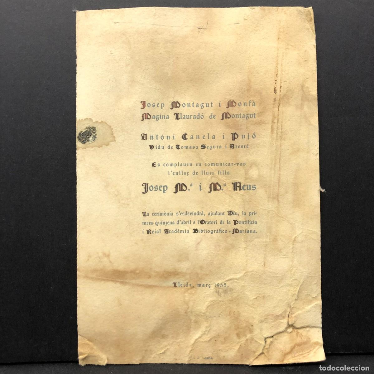 Outros artigos de papel: INVITACI&Oacute;N ENLACE DE SUS HIJOS - L&Eacute;RIDA - 1955 - REIAL ACAD&Egrave;MIA BIBLIOGR&Agrave;FICO MARIANA LLEIDA / 5260