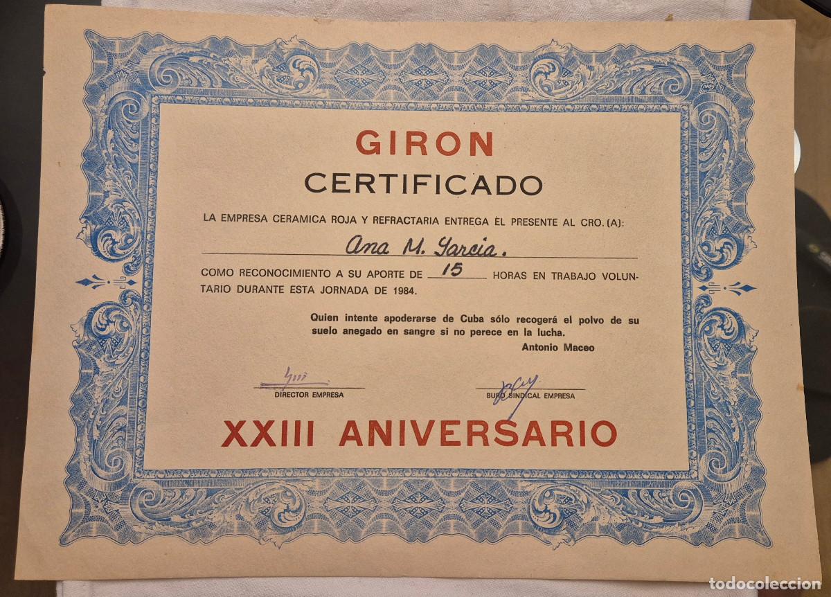 Otros art&iacute;culos de coleccionismo en papel: CUBA diploma certificado 15 horas trabajo voluntario 1984
