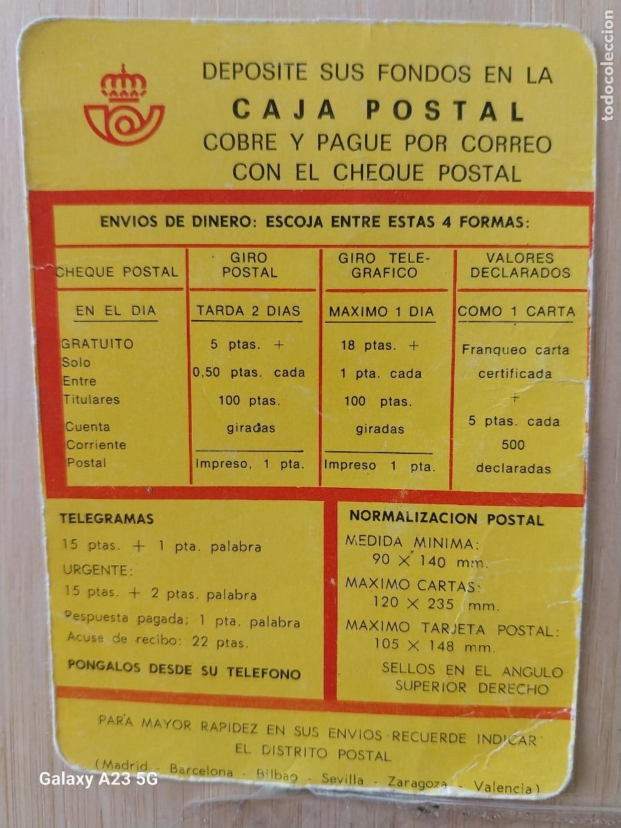 Otros art&iacute;culos de coleccionismo en papel: CORREOS TARIFAS CAJA POSTAL TARJETA ORIGINAL USADA POR SERVICIOS 10.5X7.5CMS