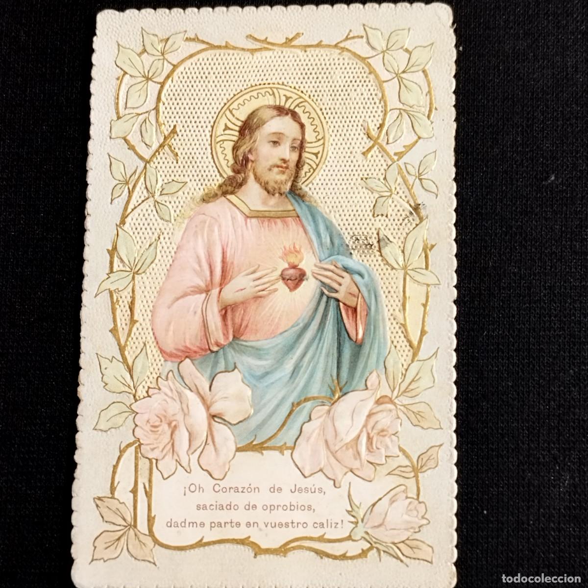 Otros art&iacute;culos de coleccionismo en papel: ESTAMPA CORAZON DE JESUS SACIADO DE APROBIOS DADME PARTE EN VUESTRO CALIZ - RELIEVE PUNTILLA COLOR -