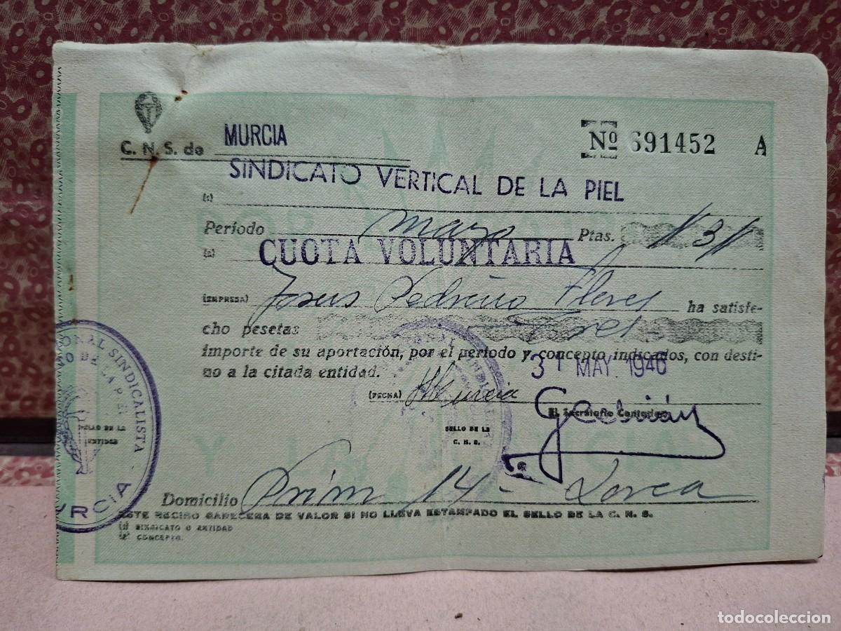 Outros artigos de papel: ANTIGUO RECIBO SINDICATO VERTICAL DE LA PIEL MURCIA LORCA 1946