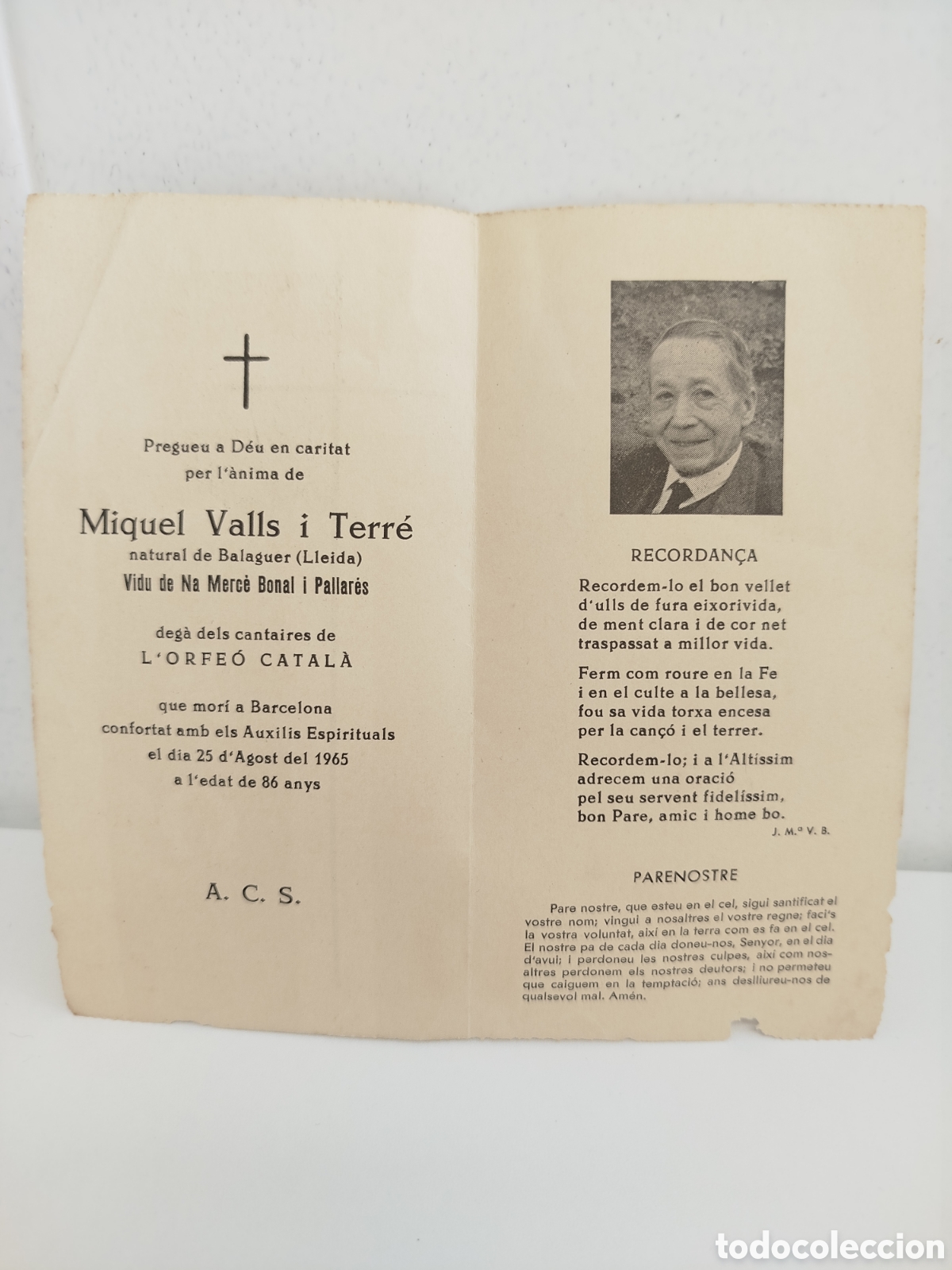Outros artigos de papel: Tarjeta de condolencia de Miquel Valls i Terr&eacute; (Orfe&oacute; Catal&agrave;), de 1965.