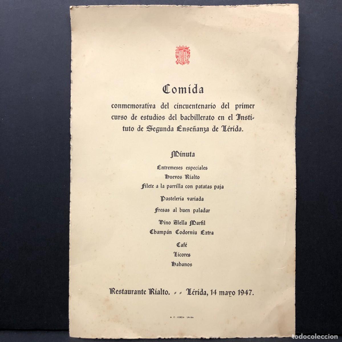 Collectionnisme Papier divers: MINUTA - INSTITUTO DE SEGUNDA ENSE&Ntilde;ANZA DE L&Eacute;RIDA - RESTAURANTE RIALTO - 1947 / 5489