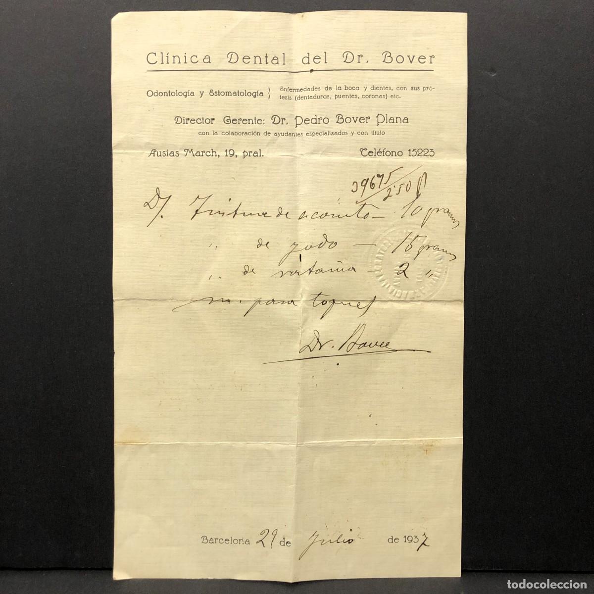 Otros art&iacute;culos de coleccionismo en papel: RECETA MEDICA - CLINICA DENTAL DEL DR. BOVER - BARCELONA - 1937 / 5497