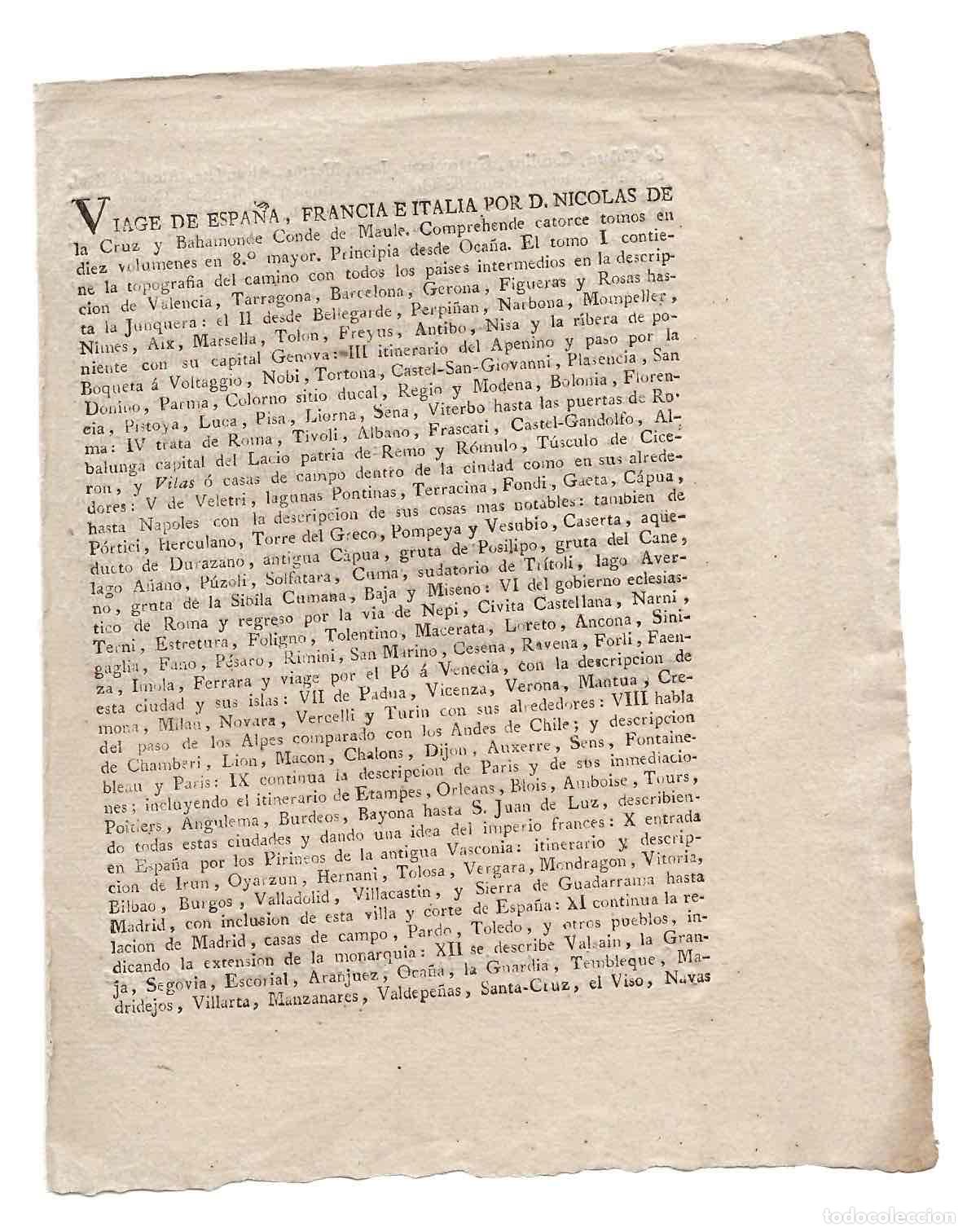 Otros art&iacute;culos de coleccionismo en papel: HOJA INFORMATIVA DE LA PUBLICACION VIAGE DE ESPA&Ntilde;A, FRANCIA E ITALIA POR NICOLAS DE LA CRUZ, 1806