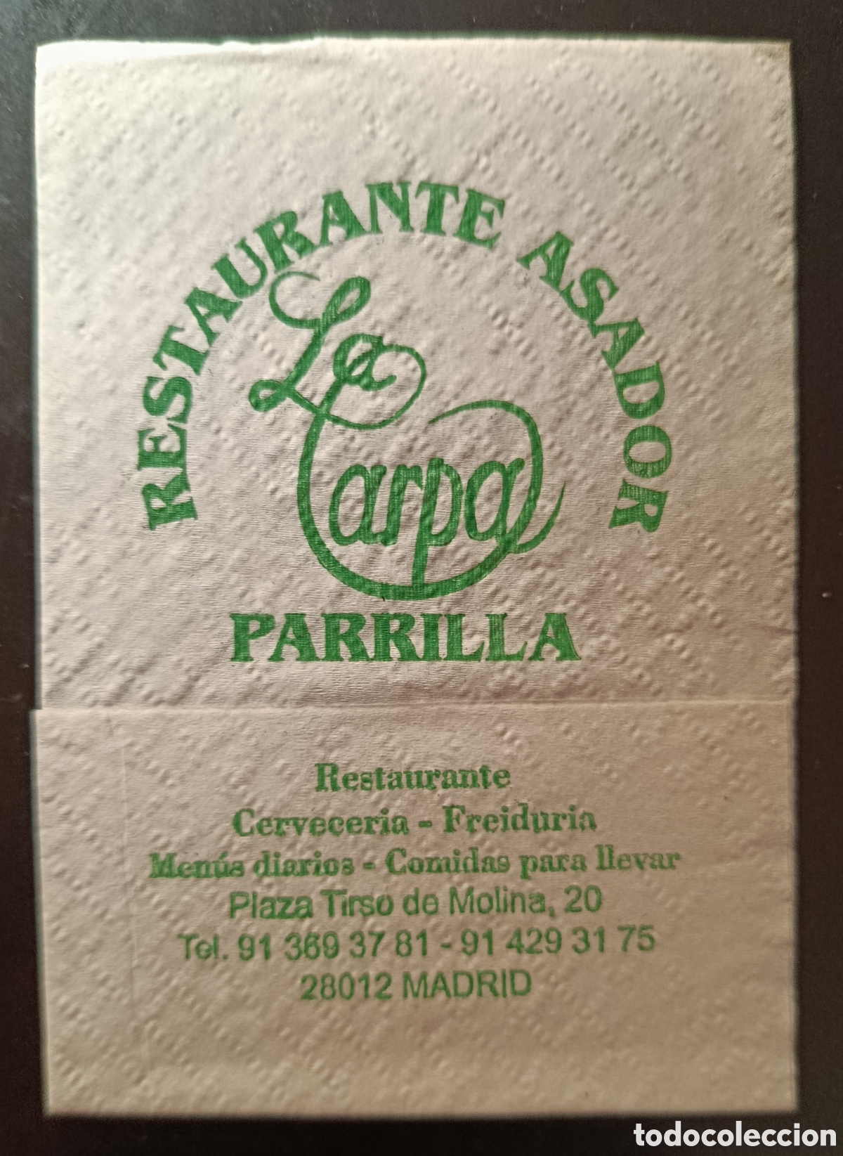 Otros art&iacute;culos de coleccionismo en papel: SERVILLETA DE PAPEL LA CARPA/MADRID