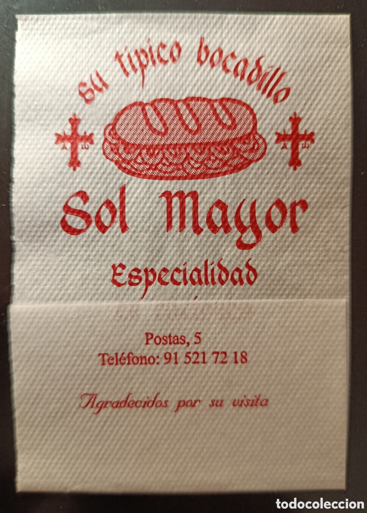 Otros art&iacute;culos de coleccionismo en papel: SERVILLETA DE PAPEL SOL MAYOR/MADRID