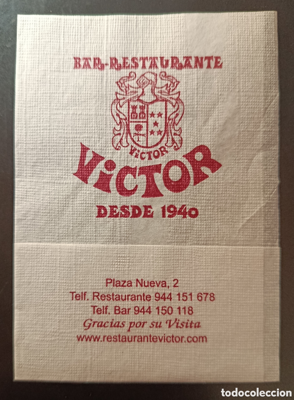 Otros art&iacute;culos de coleccionismo en papel: SERVILLETA DE PAPEL BAR V&Iacute;CTOR/BILBAO