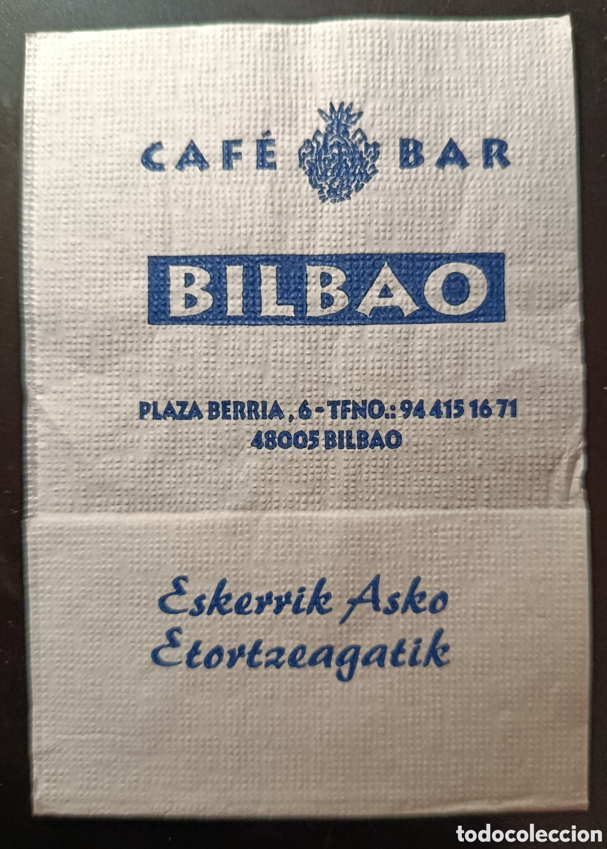 Otros art&iacute;culos de coleccionismo en papel: SERVILLETA DE PAPEL BAR BILBAO/BILBAO