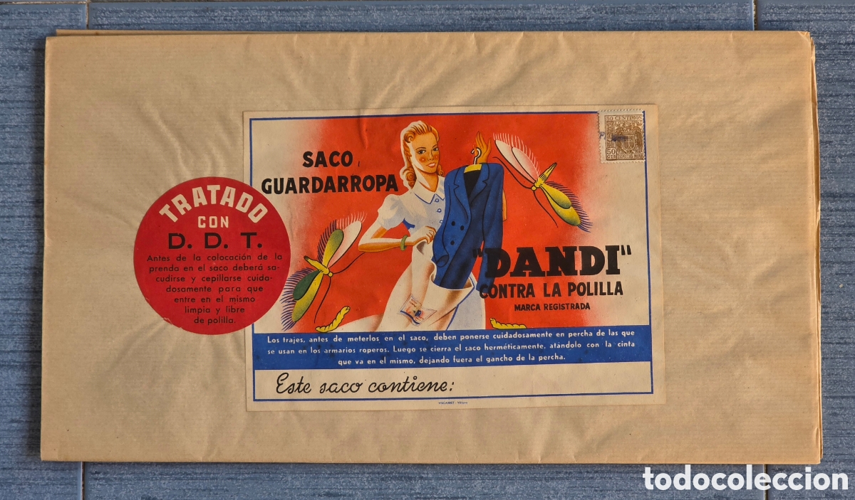 Otros art&iacute;culos de coleccionismo en papel: Antiguo Saco Guardarropa 'Dandi' Contra la Polilla - Impreso Viscarret Villava - Moda Vintage