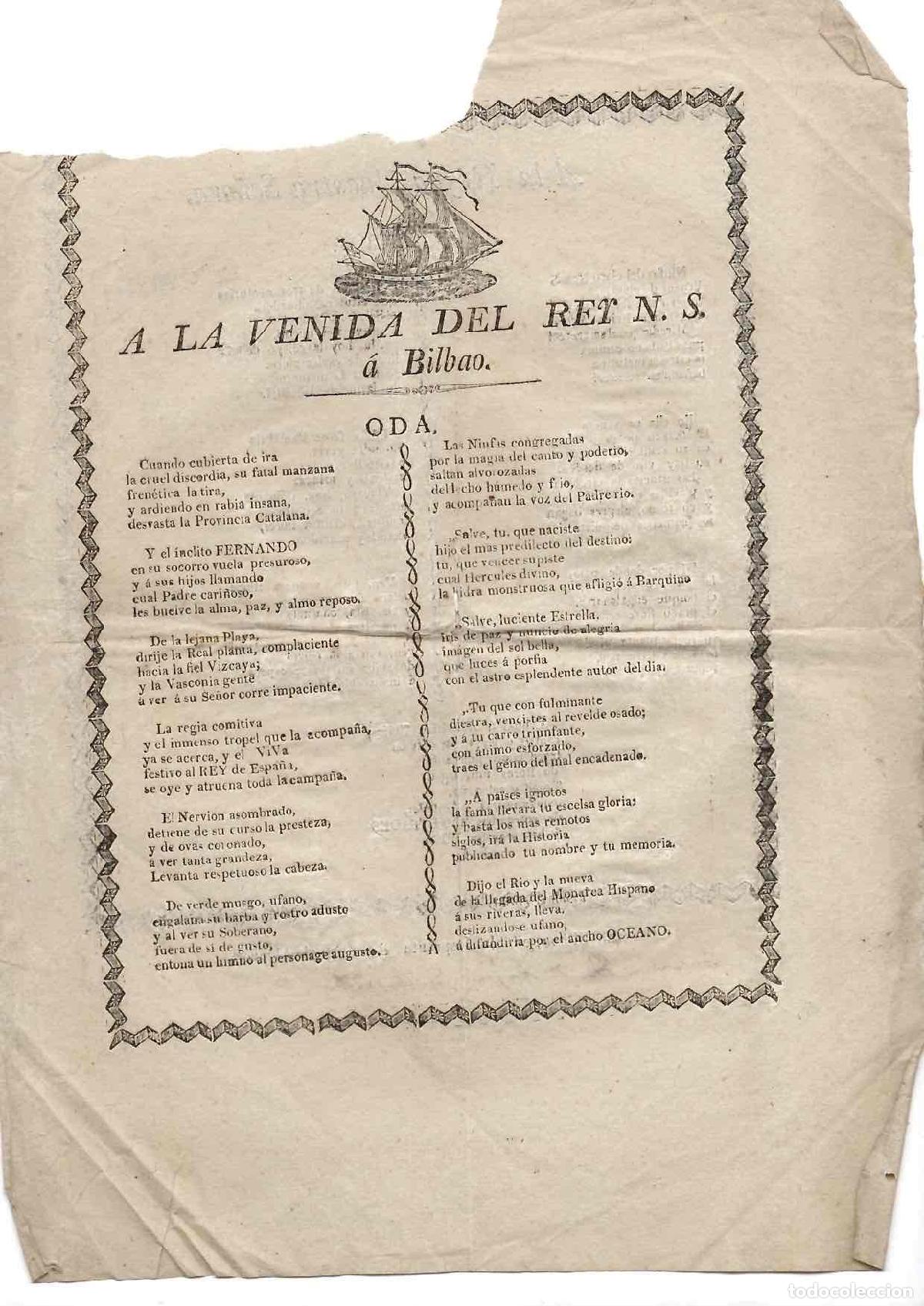 Otros art&iacute;culos de coleccionismo en papel: ODA A LA VENIDA DEL REY N.S. A BILBAO. JUNIO DE 1828. RAREZA