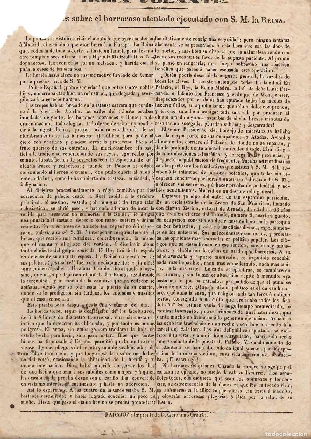 Otros art&iacute;culos de coleccionismo en papel: HOJA VOLANTE SOBRE EL HORROROSO ATENTADO EJECUTADO CON S.M. LA REINA ISABEL II EN 1852