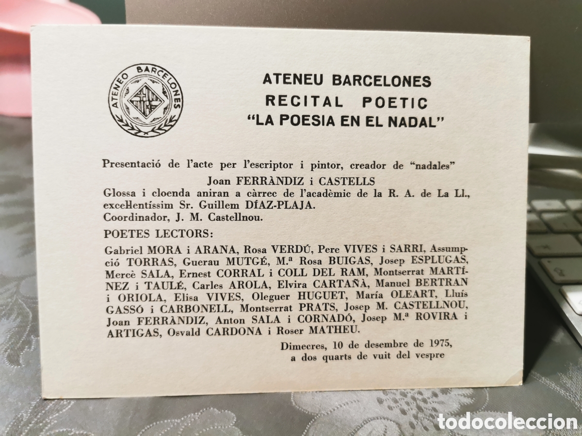 Otros art&iacute;culos de coleccionismo en papel: Invitaci&oacute;n recital po&eacute;tico &rdquo;La poesia en el nadal&rdquo; en el ateneu Barcelones a cargo de Ferrandiz 1975