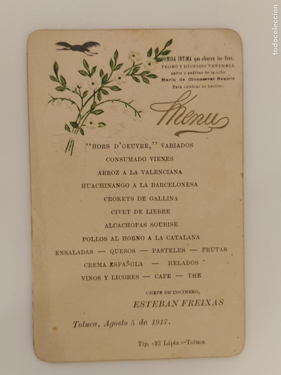 Otros art&iacute;culos de coleccionismo en papel: TOLUCA A&Ntilde;O 1917 - MENU OFRECIDO POR PEDRO Y DIONISIO VENDRELL - CHEF ESTEBAN FREIXAS -(K-16.111)