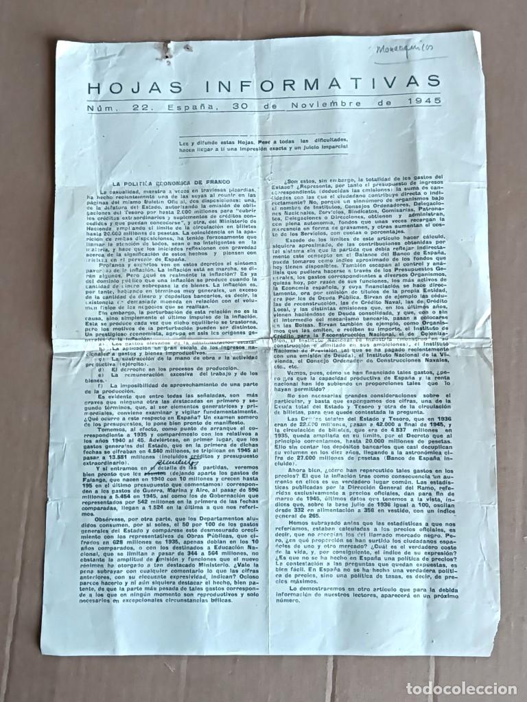 Otros art&iacute;culos de coleccionismo en papel: Hojas informativas Num 22 Espa&ntilde;a 30 de noviembre de 1945 Presa prensa clandestina exilio MONARQUIA